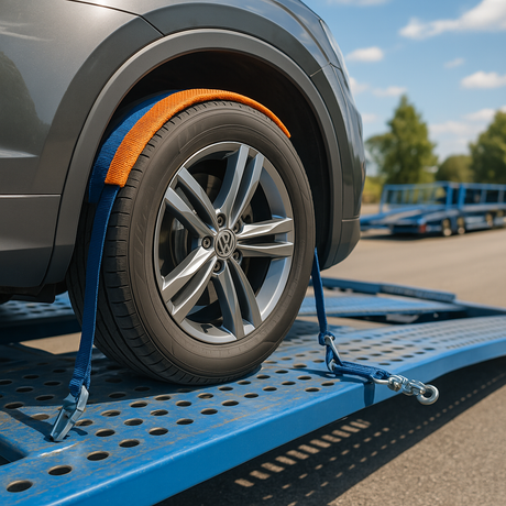 Auto vastgezet met autotransport spanband op een blauwe autotrailer, gebruiksklaar voor veilig vervoer.