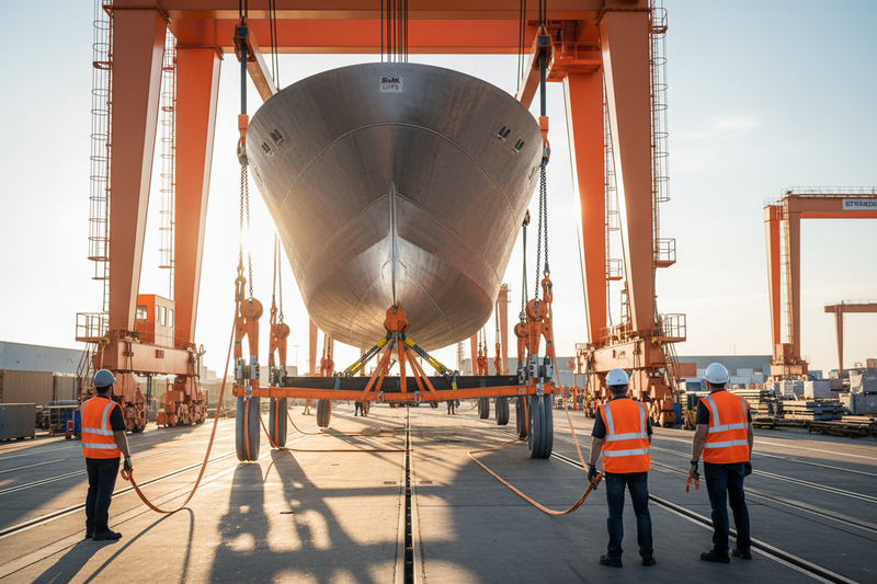 Ultra-realistic industrial scene showing lifting and hoisting equipment in action — lifting slings, chain hoists, ratchet straps, and round slings being used on a construction site or shipyard.
The environment should look clean, safe, and professional, with Dutch/European industrial style: metal structures, cranes, and strong sunlight reflecting off steel surfaces.
Workers wearing safety helmets and vests (no visible faces).
Use orange and grey tones matching the Hijskampioen branding (orange #FF621B).
Show
